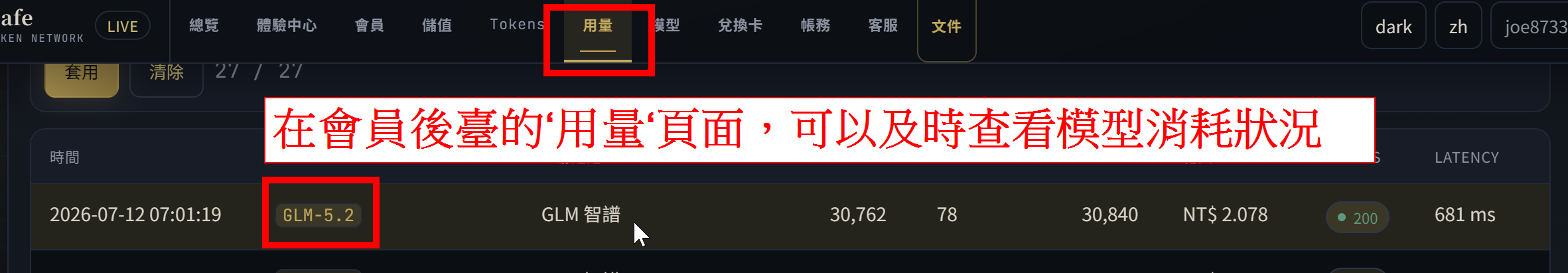 圖 12：在 Token Cafe 用量頁確認模型消耗狀況。